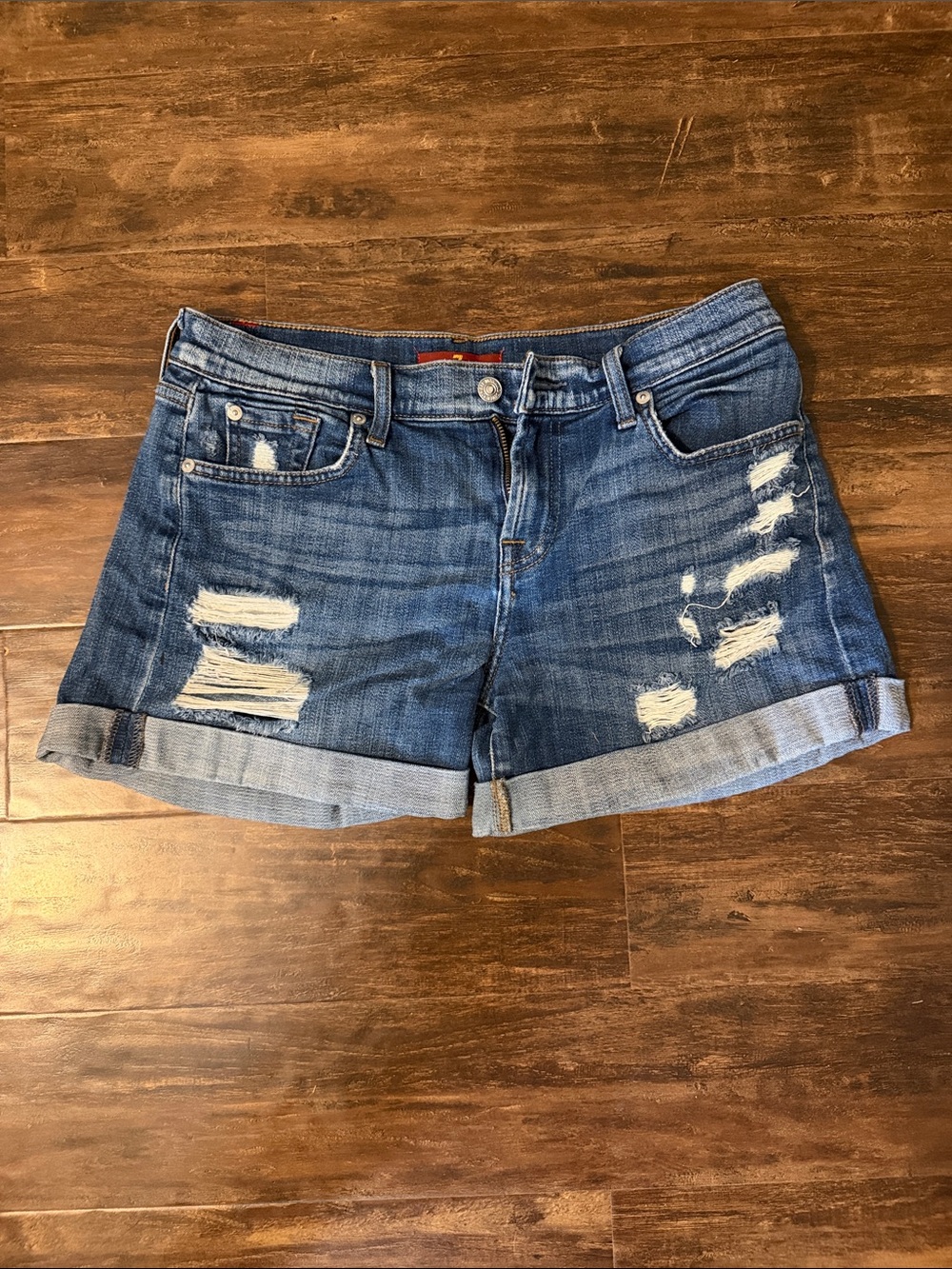 7 For All Mankind Distressed Rolled-Cuff Denim Shorts - Blue